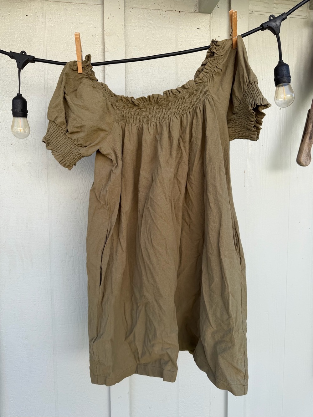 Olive Off-Shoulder Smocked Sleeve Women’s Dress